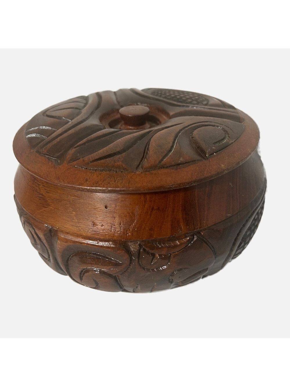 Vintage Hand Carved Turned Wood Trinket Box with Lid Round Rustic Brown